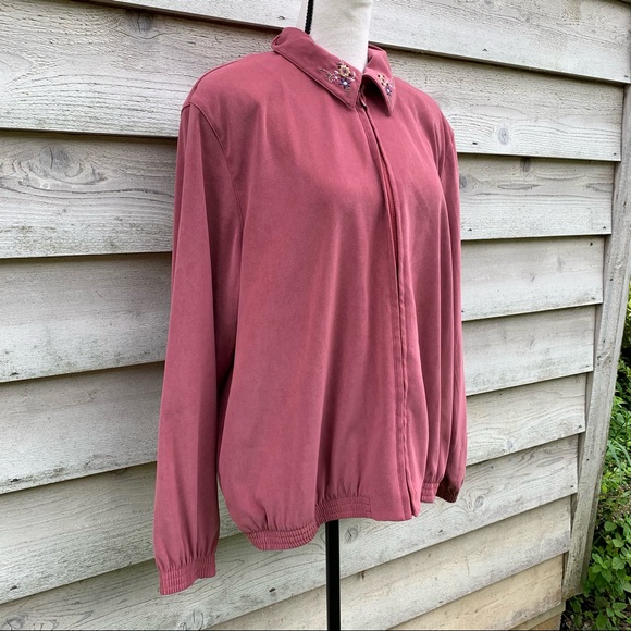 Vintage 80s Dusty Rose Floral Embroidered Long Sleeve Zip Up Front Casual Jacket - Picture 2 of 16